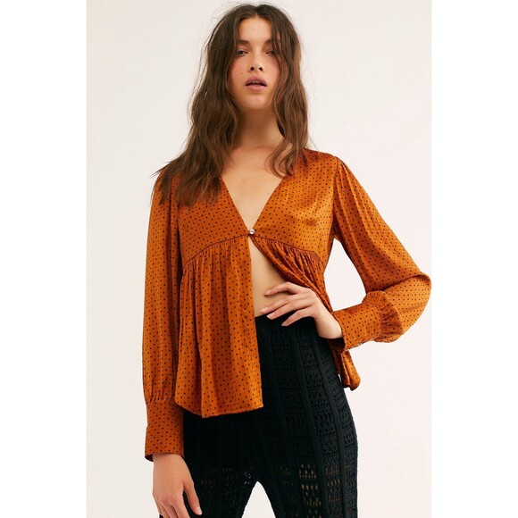 Free People Show Stoppin' Blouse Silk  Sepia Combo SZ M - Picture 1 of 16